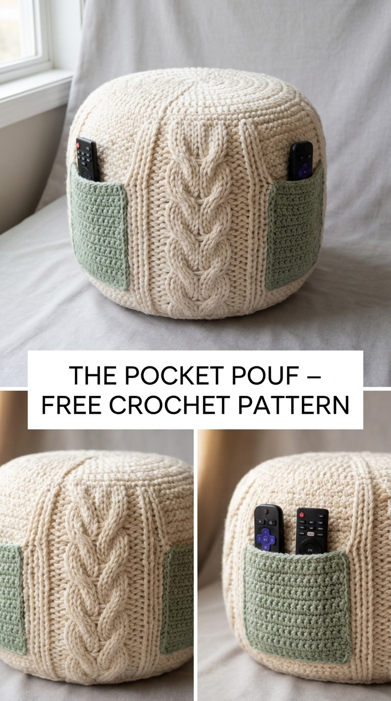 Crochet Pouf Cover With Side Remote Pockets (The Pocket Pouf)