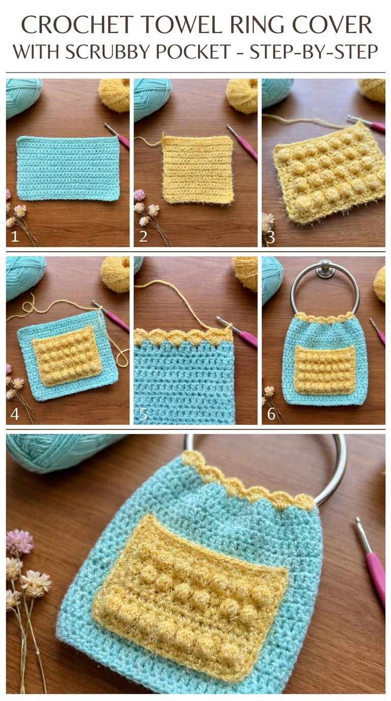 Crochet Towel Ring Cover With Scrubby Pocket (The Ring Pocket)