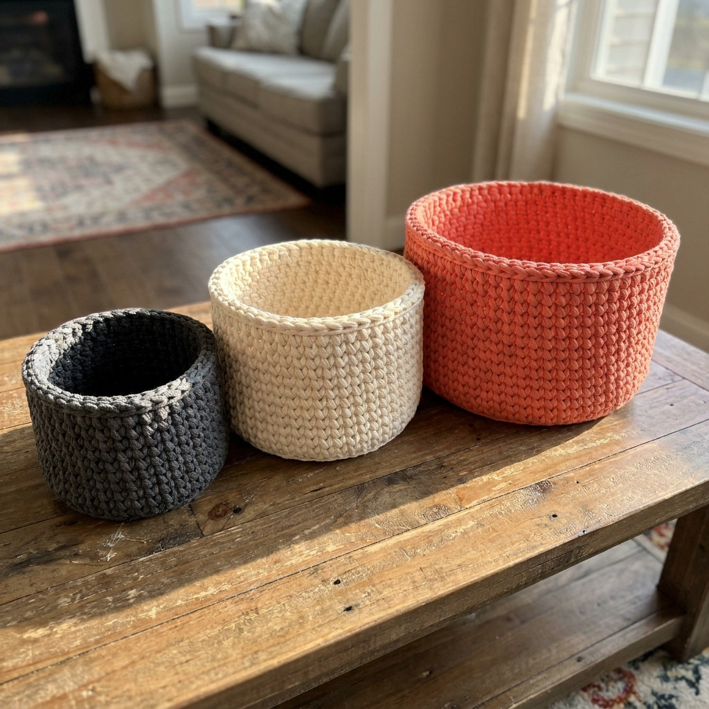 Free Chunky T-Shirt Yarn Basket Crochet Pattern in Three Sizes